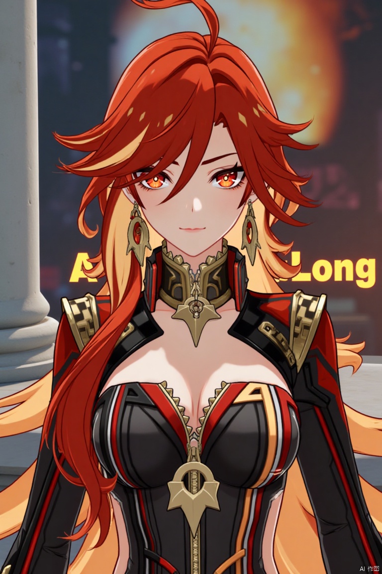 A solo girl with long, multicolored (red and orange) hair, red eyes, and bangs partially covering her eyes stands in a dynamic pose, looking directly at the viewer with a closed-mouth smile. She wears intricate jewelry, including earrings, and has small breasts visible under detailed upper body armor with shoulder pauldrons. The scene is set against a detailed background with a movie poster theme, featuring three-dimensional text AGlong in the middle below. Cinematic lighting creates high contrast and sharp focus, enhancing the dramatic atmosphere. A pillar or column adds depth to the composition.