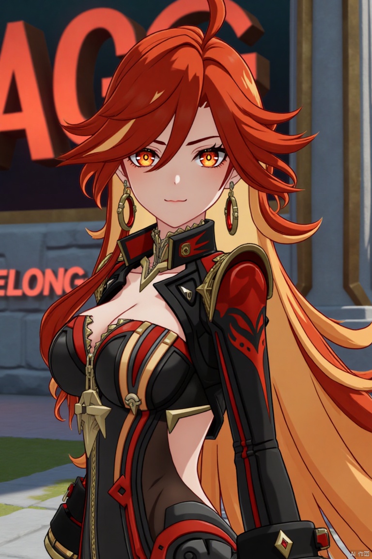 A solo girl with long, multicolored hair (red and orange) and red eyes stands in a dynamic pose, looking directly at the viewer with a closed-mouth smile. Her bangs partially cover her eyes, and her small breasts are visible under a detailed upper body armor with shoulder pauldrons. She wears intricate jewelry, including earrings. The scene is set against a detailed background with a movie poster theme, featuring three-dimensional text AGlong in the middle below. Cinematic lighting creates high contrast and sharp focus, enhancing the dramatic atmosphere. A pillar or column adds depth to the composition.