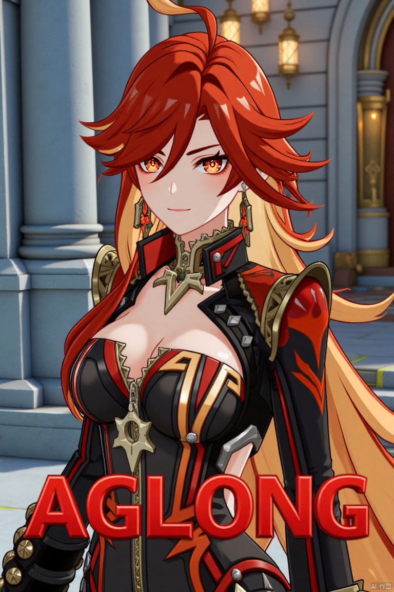 A solo girl with long, multicolored (red and orange) hair, red eyes, and bangs partially covering her eyes stands in a dynamic pose, looking directly at the viewer with a closed-mouth smile. She wears intricate jewelry, including earrings, and has small breasts visible under detailed upper body armor with shoulder pauldrons. The scene is set against a detailed background with a movie poster theme, featuring three-dimensional text AGlong in the middle below. Cinematic lighting creates high contrast and sharp focus, enhancing the dramatic atmosphere. A pillar or column adds depth to the composition.