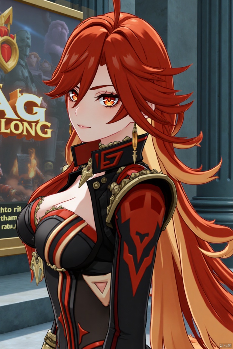 A solo girl with long, multicolored hair (red and orange) and red eyes stands in a dynamic pose, looking directly at the viewer with a closed-mouth smile. Her bangs partially cover her eyes, and her small breasts are visible under a detailed upper body armor with shoulder pauldrons. She wears intricate jewelry, including earrings. The scene is set against a detailed background with a movie poster theme, featuring three-dimensional text AGlong in the middle below. Cinematic lighting creates high contrast and sharp focus, enhancing the dramatic atmosphere. A pillar or column adds depth to the composition.