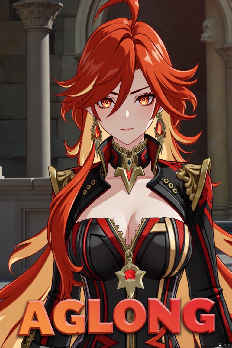 A solo girl with long, multicolored (red and orange) hair, red eyes, and bangs partially covering her eyes stands in a dynamic pose, looking directly at the viewer with a closed-mouth smile. She wears intricate jewelry, including earrings, and has small breasts visible under detailed upper body armor with shoulder pauldrons. The scene is set against a detailed background with a movie poster theme, featuring three-dimensional text AGlong in the middle below. Cinematic lighting creates high contrast and sharp focus, enhancing the dramatic atmosphere. A pillar or column adds depth to the composition.