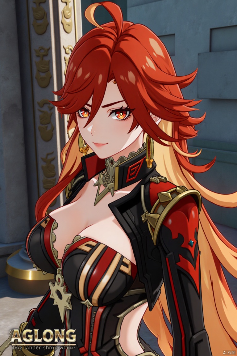 A solo girl with long, multicolored (red and orange) hair, red eyes, and bangs partially covering her eyes stands in a dynamic pose, looking directly at the viewer with a closed-mouth smile. She wears intricate jewelry, including earrings, and has small breasts visible under detailed upper body armor with shoulder pauldrons. The scene is set against a detailed background with a movie poster theme, featuring three-dimensional text AGlong in the middle below. Cinematic lighting creates high contrast and sharp focus, enhancing the dramatic atmosphere. A pillar or column adds depth to the composition.