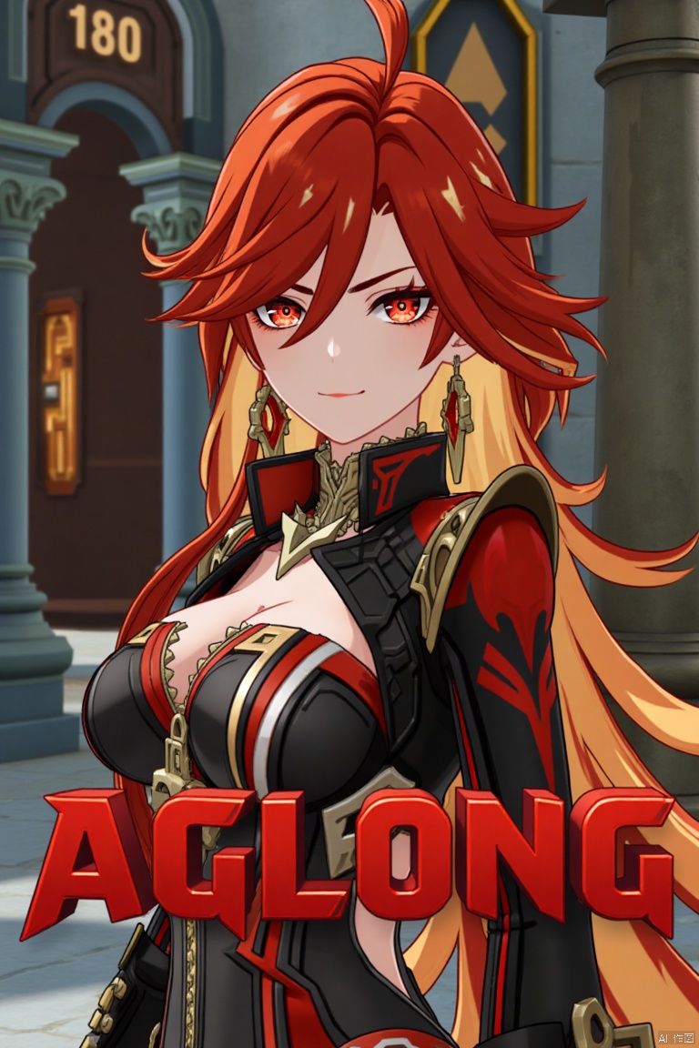 A solo girl with long, multicolored (red and orange) hair, red eyes, and bangs partially covering her eyes stands in a dynamic pose, looking directly at the viewer with a closed-mouth smile. She wears intricate jewelry, including earrings, and has small breasts visible under detailed upper body armor with shoulder pauldrons. The scene is set against a detailed background with a movie poster theme, featuring three-dimensional text AGlong in the middle below. Cinematic lighting creates high contrast and sharp focus, enhancing the dramatic atmosphere. A pillar or column adds depth to the composition.