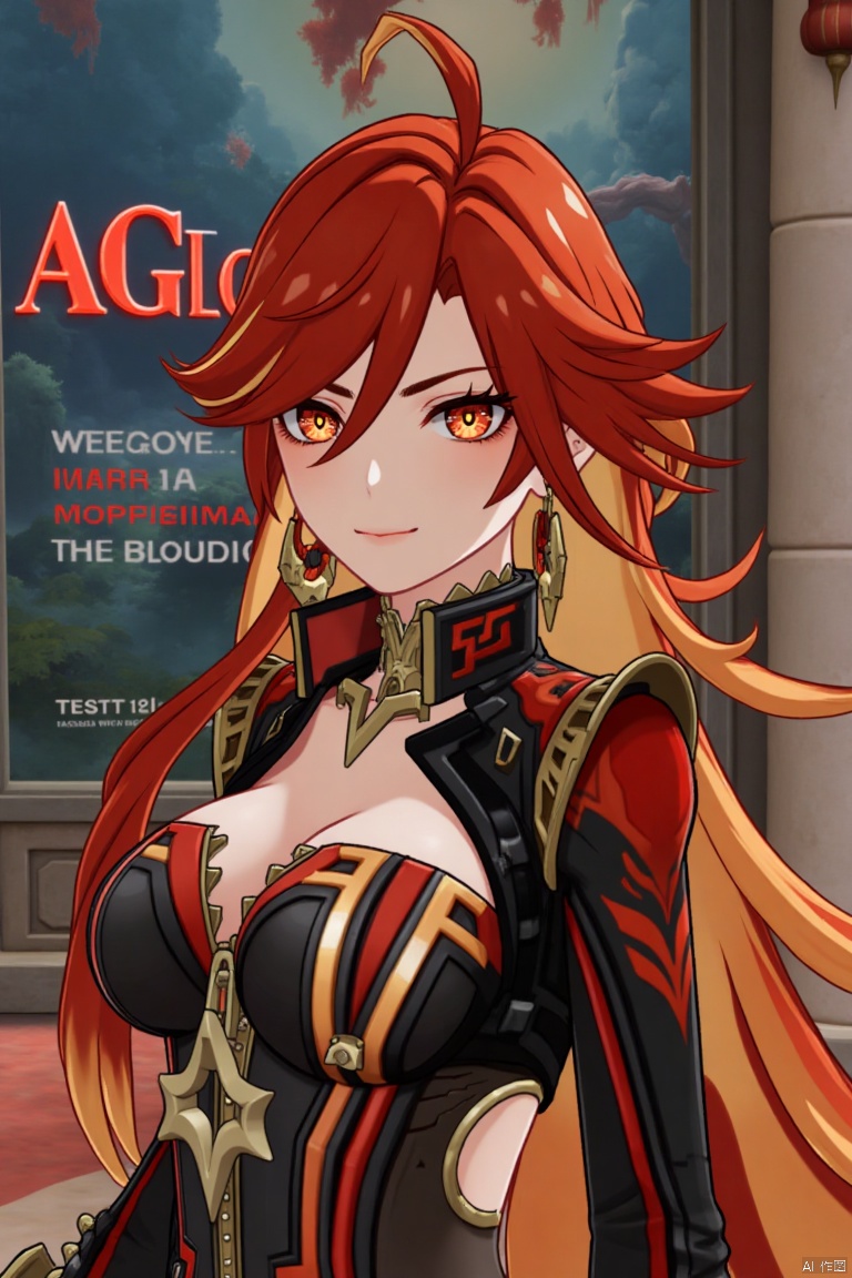 A solo girl with long, multicolored hair (red and orange) and red eyes stands in a dynamic pose, looking directly at the viewer with a closed-mouth smile. Her bangs partially cover her eyes, and her small breasts are visible under a detailed upper body armor with shoulder pauldrons. She wears intricate jewelry, including earrings. The scene is set against a detailed background with a movie poster theme, featuring three-dimensional text AGlong in the middle below. Cinematic lighting creates high contrast and sharp focus, enhancing the dramatic atmosphere. A pillar or column adds depth to the composition.