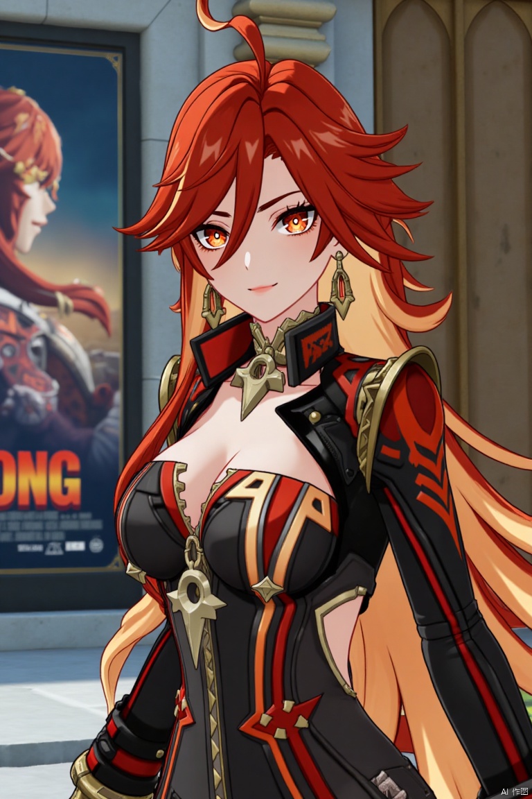 A solo girl with long, multicolored (red and orange) hair, red eyes, and bangs partially covering her eyes stands in a dynamic pose, looking directly at the viewer with a closed-mouth smile. She wears intricate jewelry, including earrings, and has small breasts visible under detailed upper body armor with shoulder pauldrons. The scene is set against a detailed background with a movie poster theme, featuring three-dimensional text AGlong in the middle below. Cinematic lighting creates high contrast and sharp focus, enhancing the dramatic atmosphere. A pillar or column adds depth to the composition.
