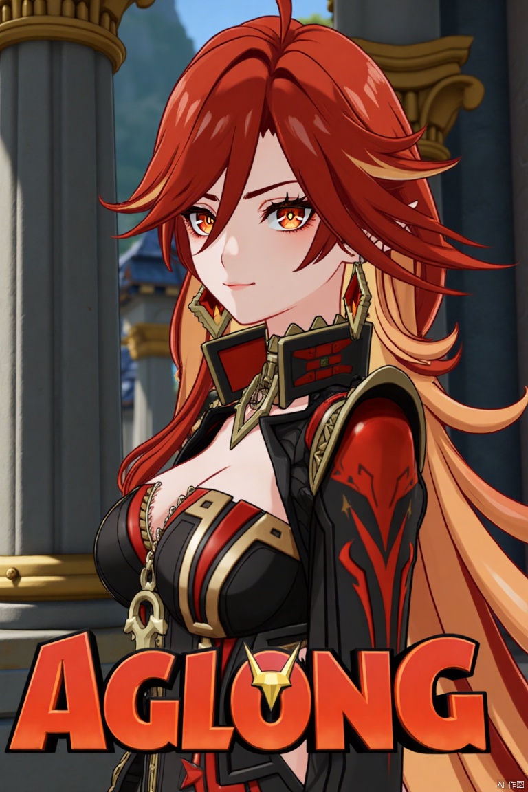 A solo girl with long, multicolored (red and orange) hair, red eyes, and bangs partially covering her eyes stands in a dynamic pose, looking directly at the viewer with a closed-mouth smile. She wears intricate jewelry, including earrings, and has small breasts visible under detailed upper body armor with shoulder pauldrons. The scene is set against a detailed background with a movie poster theme, featuring three-dimensional text AGlong in the middle below. Cinematic lighting creates high contrast and sharp focus, enhancing the dramatic atmosphere. A pillar or column adds depth to the composition.