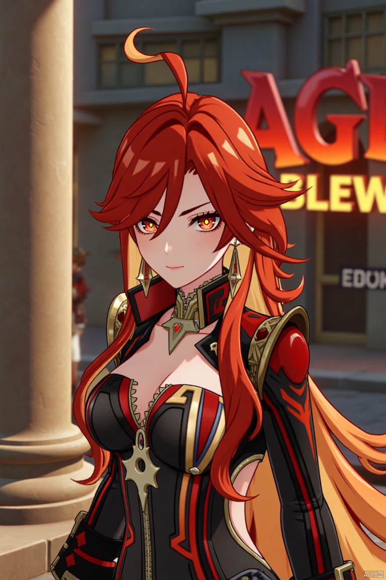 A solo girl with long, multicolored hair (red and orange) and red eyes stands in a dynamic pose, looking directly at the viewer with a closed-mouth smile. Her bangs partially cover her eyes, and her small breasts are visible under a detailed upper body armor with shoulder pauldrons. She wears intricate jewelry, including earrings. The scene is set against a detailed background with a movie poster theme, featuring three-dimensional text AGlong in the middle below. Cinematic lighting creates high contrast and sharp focus, enhancing the dramatic atmosphere. A pillar or column adds depth to the composition.
