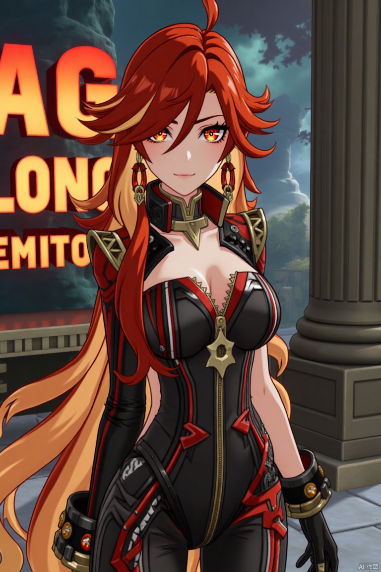 A solo girl with long, multicolored hair (red and orange) and red eyes stands in a dynamic pose, looking directly at the viewer with a closed-mouth smile. Her bangs partially cover her eyes, and her small breasts are visible under a detailed upper body armor with shoulder pauldrons. She wears intricate jewelry, including earrings. The scene is set against a detailed background with a movie poster theme, featuring three-dimensional text AGlong in the middle below. Cinematic lighting creates high contrast and sharp focus, enhancing the dramatic atmosphere. A pillar or column adds depth to the composition.