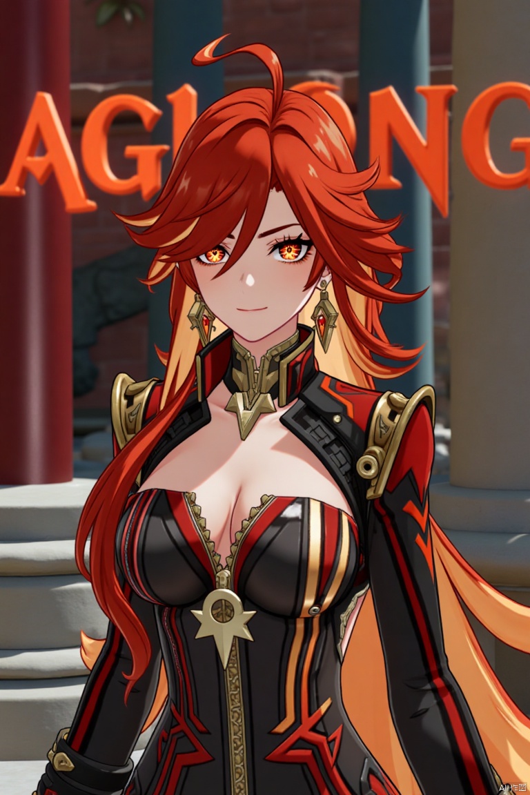 A solo girl with long, multicolored hair (red and orange) and red eyes stands in a dynamic pose, looking directly at the viewer with a closed-mouth smile. Her bangs partially cover her eyes, and her small breasts are visible under a detailed upper body armor with shoulder pauldrons. She wears intricate jewelry, including earrings. The scene is set against a detailed background with a movie poster theme, featuring three-dimensional text AGlong in the middle below. Cinematic lighting creates high contrast and sharp focus, enhancing the dramatic atmosphere. A pillar or column adds depth to the composition.