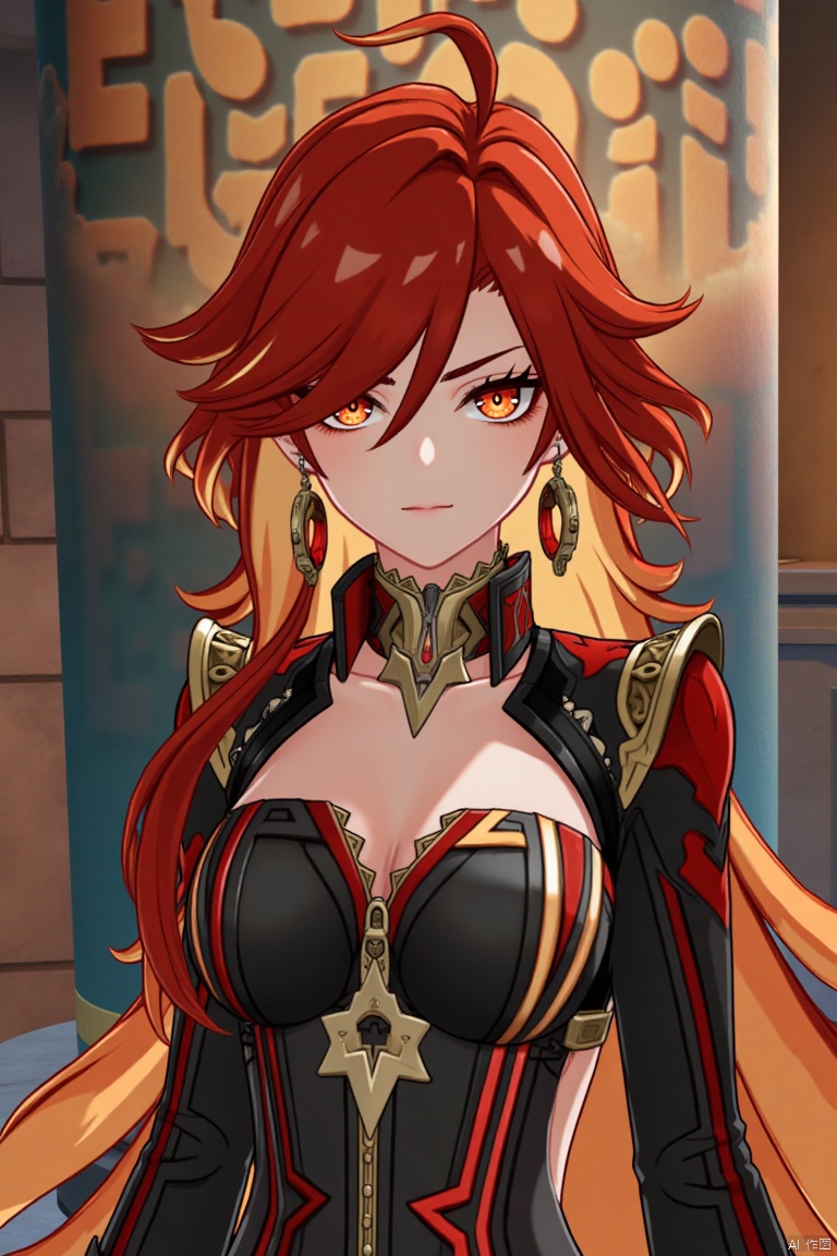 A solo girl with long, multicolored hair (red and orange) and red eyes stands in a dynamic pose, looking directly at the viewer with a closed-mouth smile. Her bangs partially cover her eyes, and her small breasts are visible under a detailed upper body armor with shoulder pauldrons. She wears intricate jewelry, including earrings. The scene is set against a detailed background with a movie poster theme, featuring three-dimensional text AGlong in the middle below. Cinematic lighting creates high contrast and sharp focus, enhancing the dramatic atmosphere. A pillar or column adds depth to the composition.