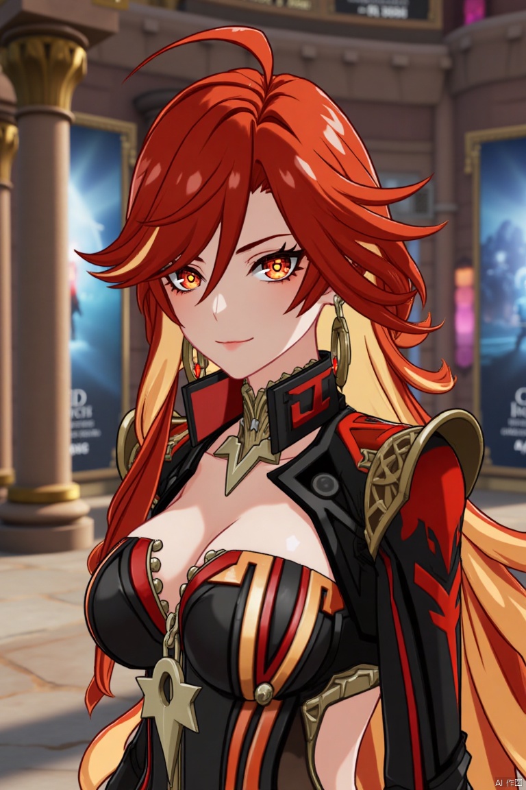 A solo girl with long, multicolored (red and orange) hair, red eyes, and bangs partially covering her eyes stands in a dynamic pose, looking directly at the viewer with a closed-mouth smile. She wears intricate jewelry, including earrings, and has small breasts visible under detailed upper body armor with shoulder pauldrons. The scene is set against a detailed background with a movie poster theme, featuring three-dimensional text AGlong in the middle below. Cinematic lighting creates high contrast and sharp focus, enhancing the dramatic atmosphere. A pillar or column adds depth to the composition.