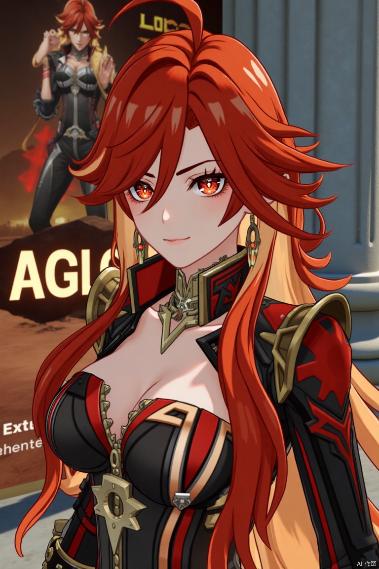 A solo girl with long, multicolored hair (red and orange) and red eyes stands in a dynamic pose, looking directly at the viewer with a closed-mouth smile. Her bangs partially cover her eyes, and her small breasts are visible under a detailed upper body armor with shoulder pauldrons. She wears intricate jewelry, including earrings. The scene is set against a detailed background with a movie poster theme, featuring three-dimensional text AGlong in the middle below. Cinematic lighting creates high contrast and sharp focus, enhancing the dramatic atmosphere. A pillar or column adds depth to the composition.