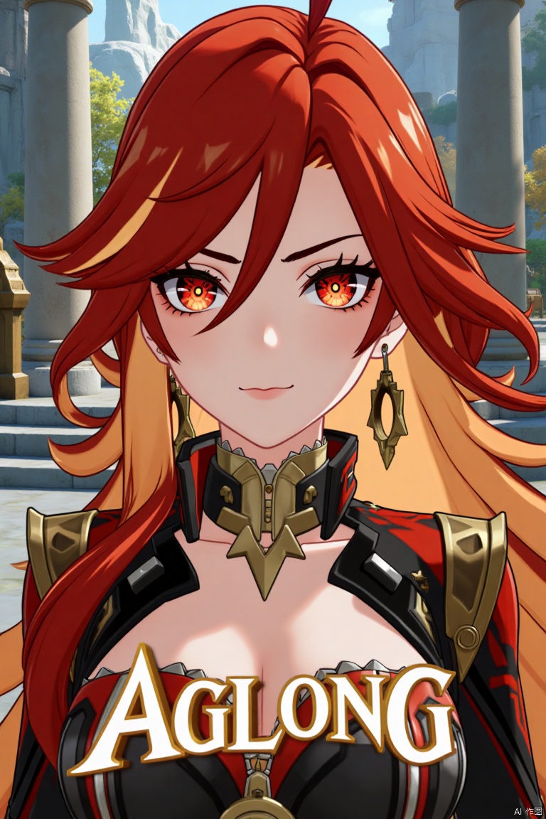 A solo girl with long, multicolored (red and orange) hair, red eyes, and bangs, looking at the viewer with a closed-mouth smile. She wears jewelry, earrings, and small breast armor with pauldrons. Her upper body is in focus, with a strand of hair between her eyes. The scene is framed as a movie poster with a dynamic composition, featuring a pillar, column, and throne in the background. Cinematic lighting creates high contrast and a dramatic atmosphere. The text AGlong is displayed in three-dimensional style below her. The background is detailed and poster-themed, with sharp focus on the subject.