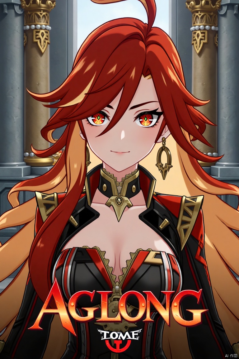 A solo girl with long, multicolored (red and orange) hair, red eyes, and bangs, looking at the viewer with a closed-mouth smile. She wears jewelry, earrings, and small breast armor with pauldrons. Her upper body is in focus, with a strand of hair between her eyes. The scene is framed as a movie poster with a dynamic composition, featuring a pillar, column, and throne in the background. Cinematic lighting creates high contrast and a dramatic atmosphere. The text AGlong is displayed in three-dimensional style below her. The background is detailed and poster-themed, with sharp focus on the subject.