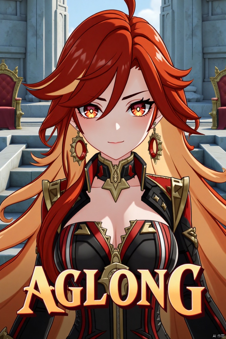 A solo girl with long, multicolored (red and orange) hair, red eyes, and bangs, looking at the viewer with a closed-mouth smile. She wears jewelry, earrings, and small breast armor with pauldrons. Her upper body is in focus, with a strand of hair between her eyes. The scene is framed as a movie poster with a dynamic composition, featuring a pillar, column, and throne in the background. Cinematic lighting creates high contrast and a dramatic atmosphere. The text AGlong is displayed in three-dimensional style below her. The background is detailed and poster-themed, with sharp focus on the subject.