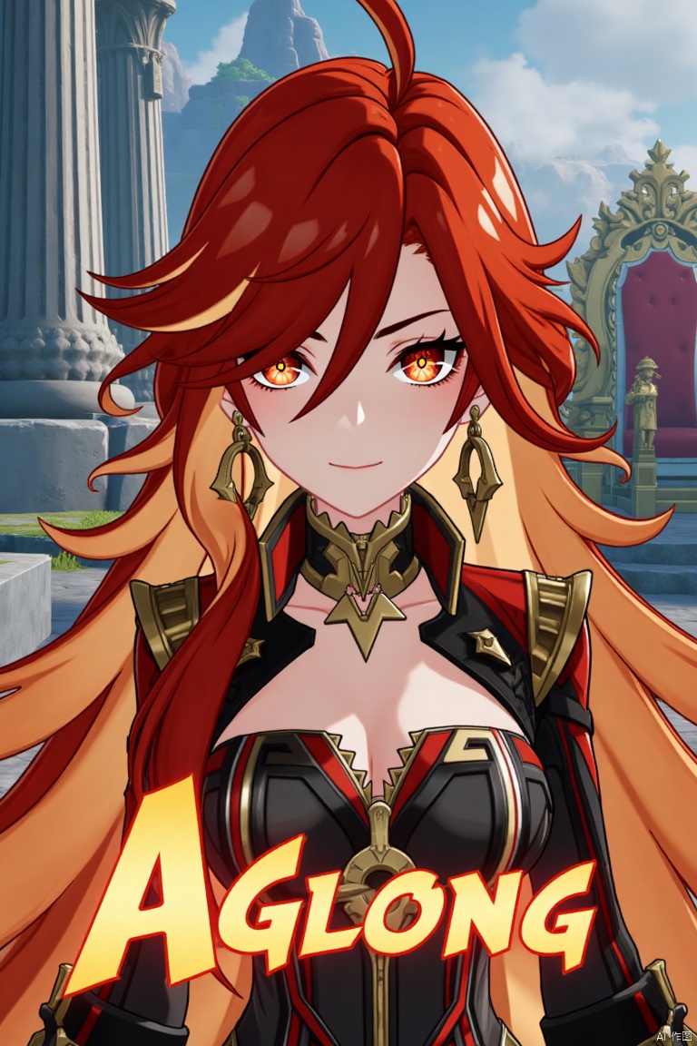 A solo girl with long, multicolored (red and orange) hair, red eyes, and bangs, looking at the viewer with a closed-mouth smile. She wears jewelry, earrings, and small breast armor with pauldrons. Her upper body is in focus, with a strand of hair between her eyes. The scene is framed as a movie poster with a dynamic composition, featuring a pillar, column, and throne in the background. Cinematic lighting creates high contrast and a dramatic atmosphere. The text AGlong is displayed in three-dimensional style below her. The background is detailed and poster-themed, with sharp focus on the subject.