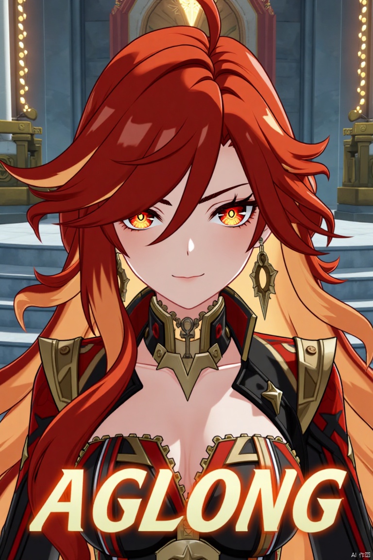 A solo girl with long, multicolored (red and orange) hair, red eyes, and bangs, looking at the viewer with a closed-mouth smile. She wears jewelry, earrings, and small breast armor with pauldrons. Her upper body is in focus, with a strand of hair between her eyes. The scene is framed as a movie poster with a dynamic composition, featuring a pillar, column, and throne in the background. Cinematic lighting creates high contrast and a dramatic atmosphere. The text AGlong is displayed in three-dimensional style below her. The background is detailed and poster-themed, with sharp focus on the subject.