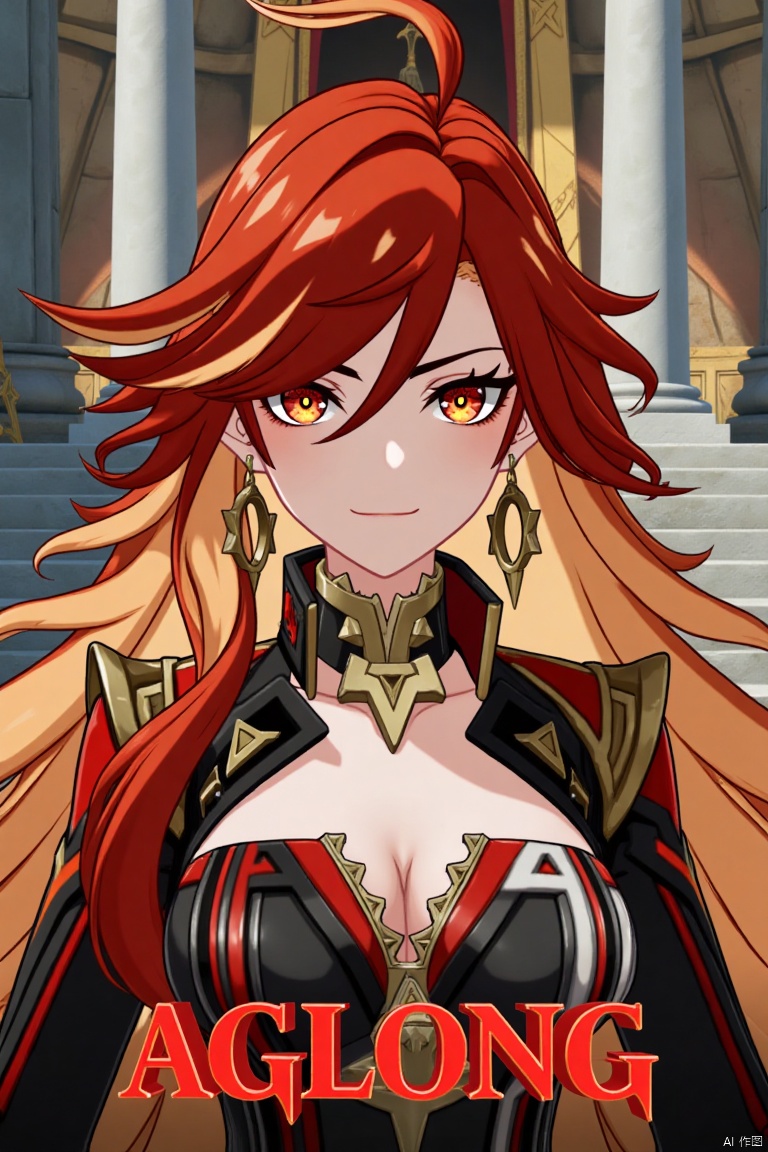 A solo girl with long, multicolored (red and orange) hair, red eyes, and bangs, looking at the viewer with a closed-mouth smile. She wears jewelry, earrings, and small breast armor with pauldrons. Her upper body is in focus, with a strand of hair between her eyes. The scene is framed as a movie poster with a dynamic composition, featuring a pillar, column, and throne in the background. Cinematic lighting creates high contrast and a dramatic atmosphere. The text AGlong is displayed in three-dimensional style below her. The background is detailed and poster-themed, with sharp focus on the subject.