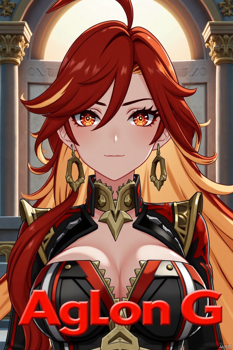 A solo girl with long, multicolored (red and orange) hair, red eyes, and bangs, looking at the viewer with a closed-mouth smile. She wears jewelry, earrings, and small breast armor with pauldrons. Her upper body is in focus, with a strand of hair between her eyes. The scene is framed as a movie poster with a dynamic composition, featuring a pillar, column, and throne in the background. Cinematic lighting creates high contrast and a dramatic atmosphere. The text AGlong is displayed in three-dimensional style below her. The background is detailed and poster-themed, with sharp focus on the subject.