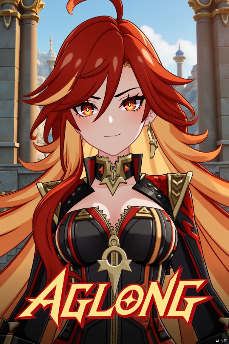 A solo girl with long, multicolored hair (red and orange) and red eyes, wearing jewelry and small breast armor with pauldrons. She has bangs and a strand of hair between her eyes. She smiles at the viewer with a closed mouth. The shot is framed as a movie poster with a dynamic composition, featuring a pillar, throne, and column in the background. Cinematic lighting creates high contrast and a dramatic atmosphere. The text AGlong is displayed in three-dimensional style below her upper body. The background is detailed and poster-themed, with sharp focus on the subject.