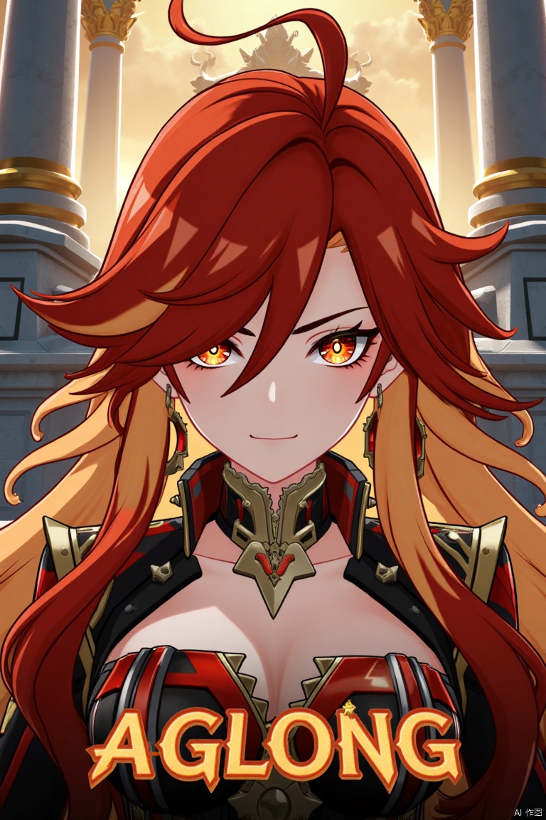 A solo girl with long, multicolored (red and orange) hair, red eyes, and bangs, looking at the viewer with a closed-mouth smile. She wears jewelry, earrings, and small breast armor with pauldrons. Her upper body is in focus, with a strand of hair between her eyes. The scene is framed as a movie poster with a dynamic composition, featuring a pillar, column, and throne in the background. Cinematic lighting creates high contrast and a dramatic atmosphere. The text AGlong is displayed in three-dimensional style below her. The background is detailed and poster-themed, with sharp focus on the subject.