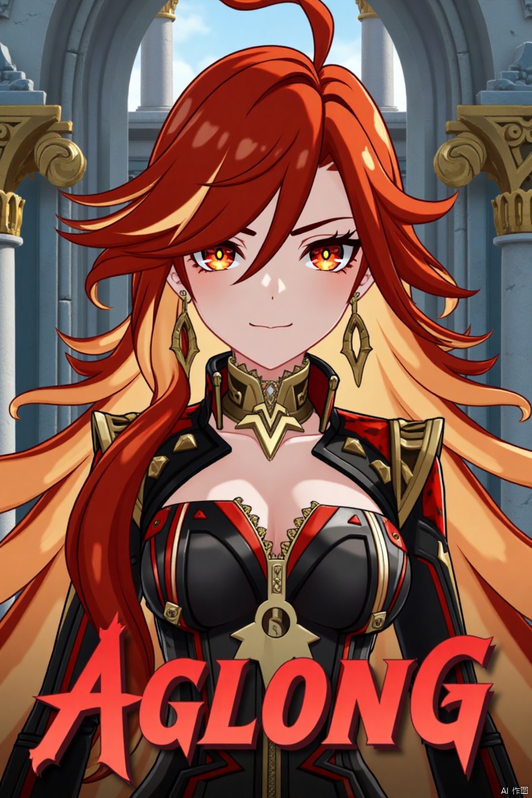 A solo girl with long, multicolored hair (red and orange) and red eyes, wearing jewelry and small breast armor with pauldrons. She has bangs and a strand of hair between her eyes. She smiles at the viewer with a closed mouth. The shot is framed as a movie poster with a dynamic composition, featuring a pillar, throne, and column in the background. Cinematic lighting creates high contrast and a dramatic atmosphere. The text AGlong is displayed in three-dimensional style below her upper body. The background is detailed and poster-themed, with sharp focus on the subject.
