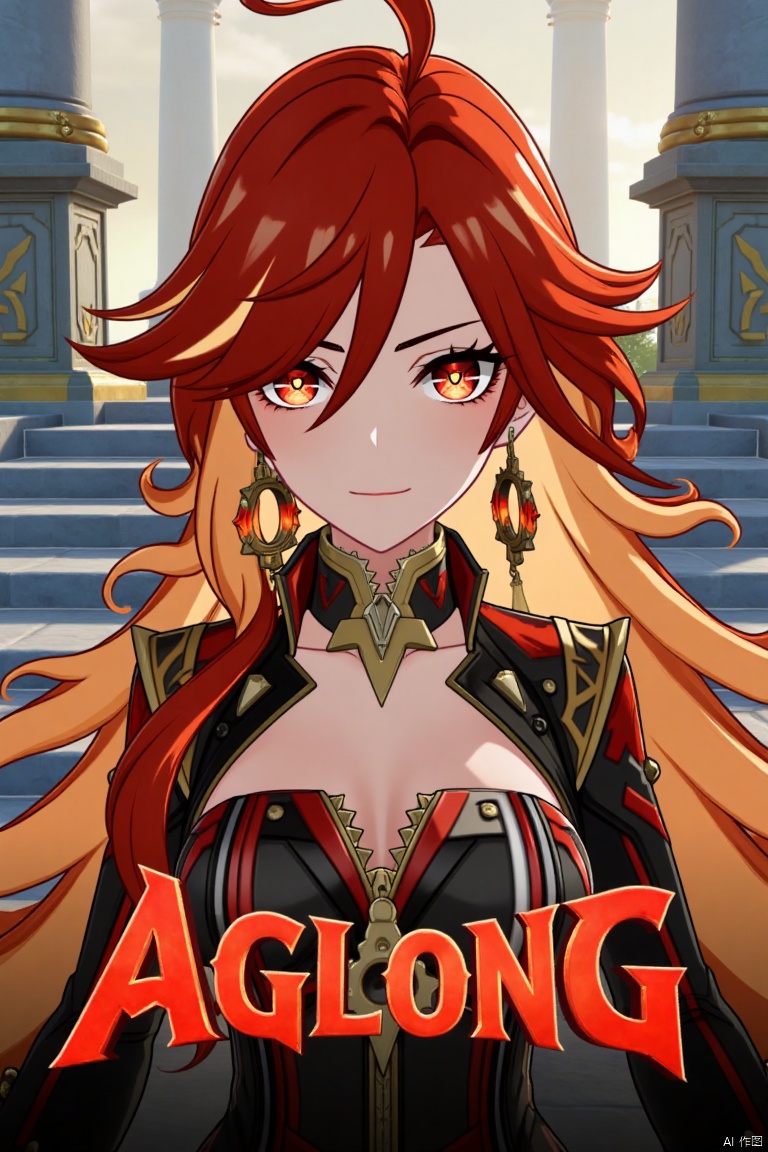 A solo girl with long, multicolored (red and orange) hair, red eyes, and bangs, looking at the viewer with a closed-mouth smile. She wears jewelry, earrings, and small breast armor with pauldrons. Her upper body is in focus, with a strand of hair between her eyes. The scene is framed as a movie poster with a dynamic composition, featuring a pillar, column, and throne in the background. Cinematic lighting creates high contrast and a dramatic atmosphere. The text AGlong is displayed in three-dimensional style below her. The background is detailed and poster-themed, with sharp focus on the subject.
