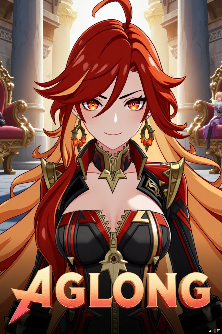 A solo girl with long, multicolored hair (red and orange) and red eyes, wearing jewelry and small breast armor with pauldrons. She has bangs and a strand of hair between her eyes. She smiles at the viewer with a closed mouth. The shot is framed as a movie poster with a dynamic composition, featuring a pillar, throne, and column in the background. Cinematic lighting creates high contrast and a dramatic atmosphere. The text AGlong is displayed in three-dimensional style below her upper body. The background is detailed and poster-themed, with sharp focus on the subject.