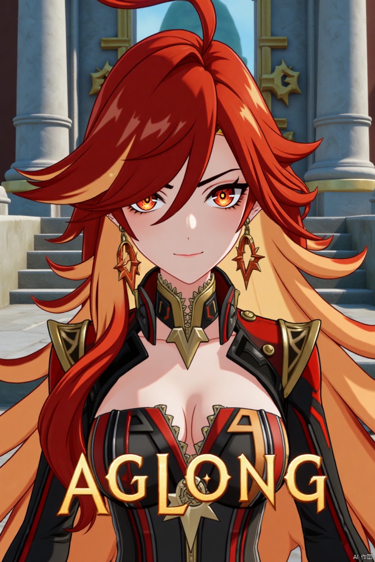 A solo girl with long, multicolored (red and orange) hair, red eyes, and bangs, looking at the viewer with a closed-mouth smile. She wears jewelry, earrings, and small breast armor with pauldrons. Her upper body is in focus, with a strand of hair between her eyes. The scene is framed as a movie poster with a dynamic composition, featuring a pillar, column, and throne in the background. Cinematic lighting creates high contrast and a dramatic atmosphere. The text AGlong is displayed in three-dimensional style below her. The background is detailed and poster-themed, with sharp focus on the subject.