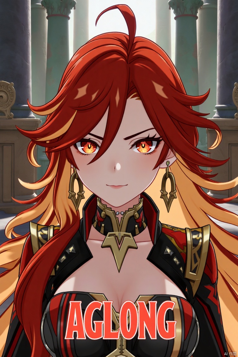 A solo girl with long, multicolored (red and orange) hair, red eyes, and bangs, looking at the viewer with a closed-mouth smile. She wears jewelry, earrings, and small breast armor with pauldrons. Her upper body is in focus, with a strand of hair between her eyes. The scene is framed as a movie poster with a dynamic composition, featuring a pillar, column, and throne in the background. Cinematic lighting creates high contrast and a dramatic atmosphere. The text AGlong is displayed in three-dimensional style below her. The background is detailed and poster-themed, with sharp focus on the subject.