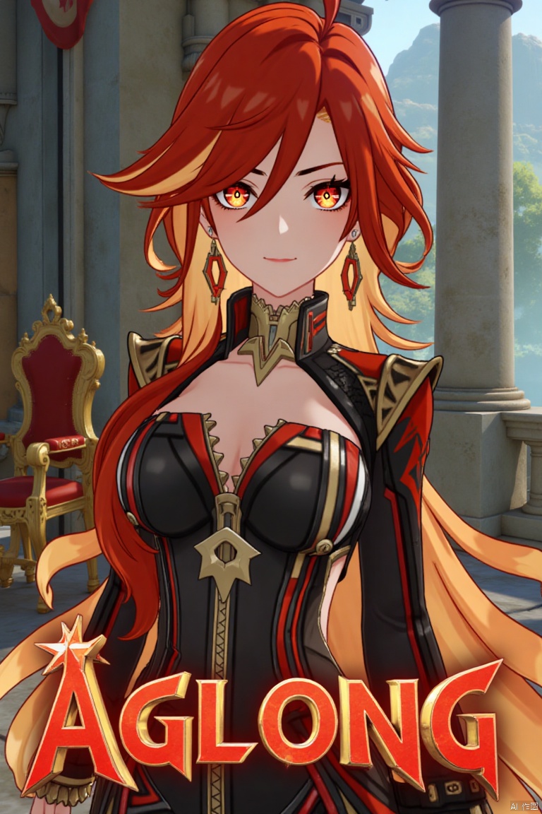 A solo girl with long, multicolored hair (red and orange) and red eyes, wearing jewelry and small earrings, stands in a dynamic pose. She has bangs and her hair falls between her eyes. She wears shoulder armor and pauldrons, and is looking directly at the viewer with a closed-mouth smile. The shot focuses on her upper body. She stands beside a pillar and a throne, with columns in the background. The scene is framed like a movie poster, with three-dimensional text AGlong in the middle below. Cinematic lighting creates high contrast and a dramatic atmosphere, with a detailed and sharp focus on the background elements.