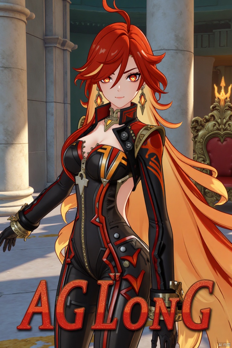 A solo girl with long, multicolored hair (red and orange) and red eyes, wearing jewelry and small earrings, stands in a dynamic pose. She has bangs and her hair falls between her eyes. She wears shoulder armor and pauldrons, and is looking directly at the viewer with a closed-mouth smile. The shot focuses on her upper body. She stands beside a pillar and a throne, with columns in the background. The scene is framed like a movie poster, with three-dimensional text AGlong in the middle below. Cinematic lighting creates high contrast and a dramatic atmosphere, with a detailed and sharp focus on the background elements.