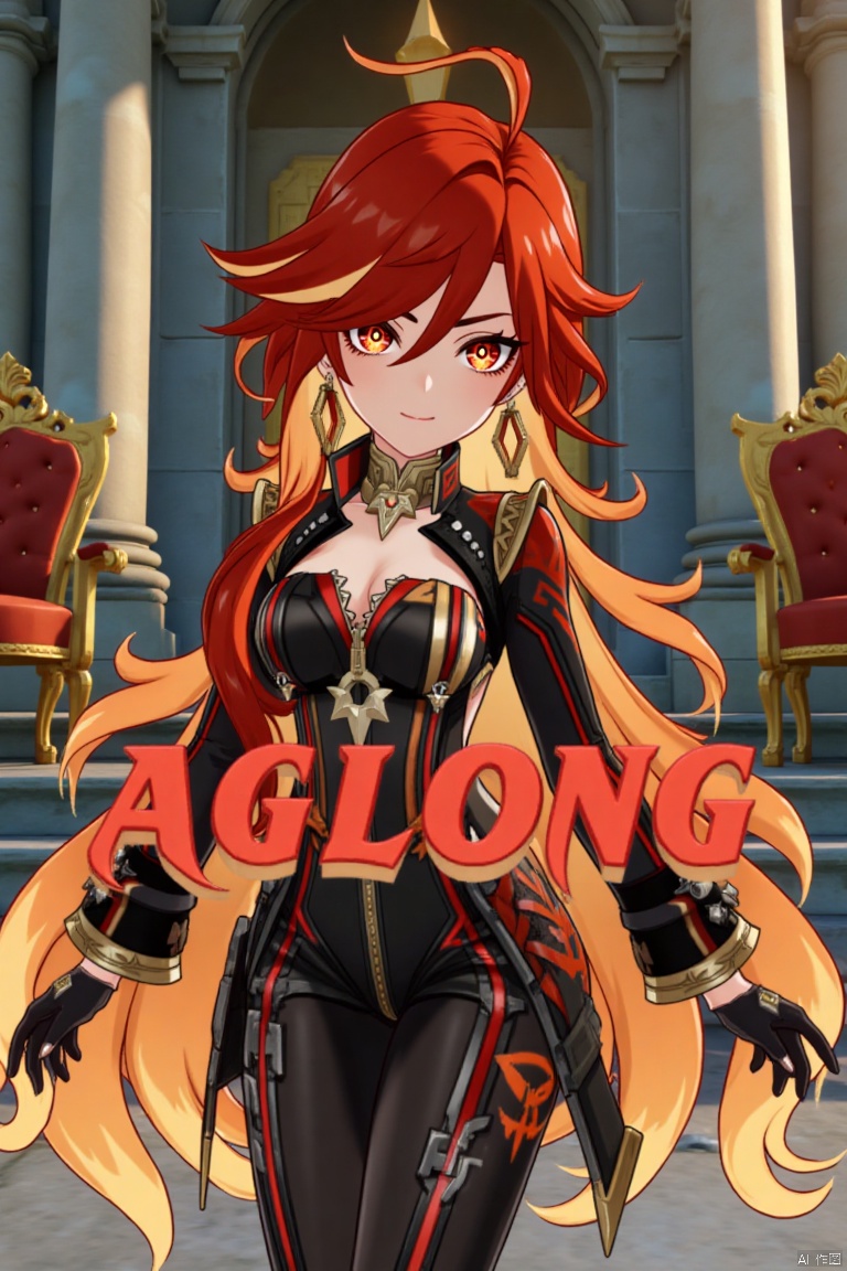 A solo girl with long, multicolored hair (red and orange) and red eyes, wearing jewelry and small earrings, stands in a dynamic pose. She has bangs and her hair falls between her eyes. She wears shoulder armor and pauldrons, and is looking directly at the viewer with a closed-mouth smile. The shot focuses on her upper body. She stands beside a pillar and a throne, with columns in the background. The scene is framed like a movie poster, with three-dimensional text AGlong in the middle below. Cinematic lighting creates high contrast and a dramatic atmosphere, with a detailed and sharp focus on the background elements.