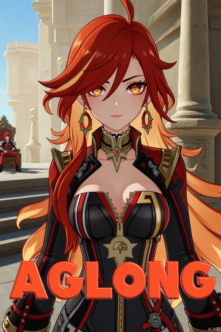 A solo girl with long, multicolored hair (red and orange) and red eyes, wearing jewelry and small earrings, stands in a dynamic pose. She has bangs and her hair falls between her eyes. She wears shoulder armor and pauldrons, and is looking directly at the viewer with a closed-mouth smile. The shot focuses on her upper body. She stands beside a pillar and a throne, with columns in the background. The scene is framed like a movie poster, with three-dimensional text AGlong in the middle below. Cinematic lighting creates high contrast and a dramatic atmosphere, with a detailed and sharp focus on the background elements.