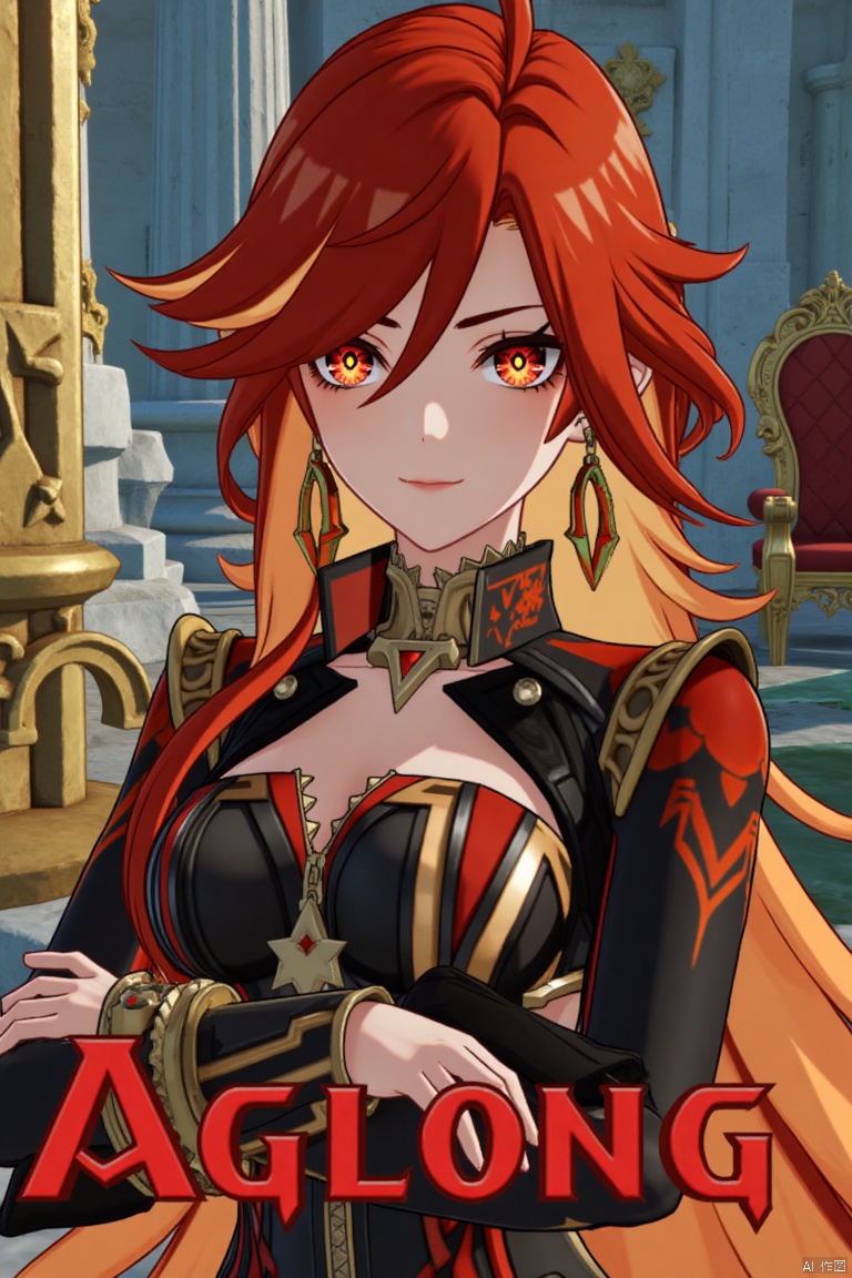 A solo girl with long, multicolored hair (red and orange) and red eyes, wearing jewelry and small earrings, stands in a dynamic pose. She has bangs and her hair falls between her eyes. She wears shoulder armor and pauldrons, and is looking directly at the viewer with a closed-mouth smile. The shot focuses on her upper body. She stands beside a pillar and a throne, with columns in the background. The scene is framed like a movie poster, with three-dimensional text AGlong in the middle below. Cinematic lighting creates high contrast and a dramatic atmosphere, with a detailed and sharp focus on the background elements.