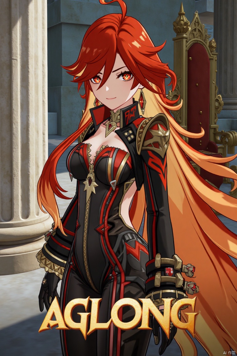 A solo girl with long, multicolored hair (red and orange) and red eyes, wearing jewelry and small earrings, stands in a dynamic pose. She has bangs and her hair falls between her eyes. She wears shoulder armor and pauldrons, and is looking directly at the viewer with a closed-mouth smile. The shot focuses on her upper body. She stands beside a pillar and a throne, with columns in the background. The scene is framed like a movie poster, with three-dimensional text AGlong in the middle below. Cinematic lighting creates high contrast and a dramatic atmosphere, with a detailed and sharp focus on the background elements.