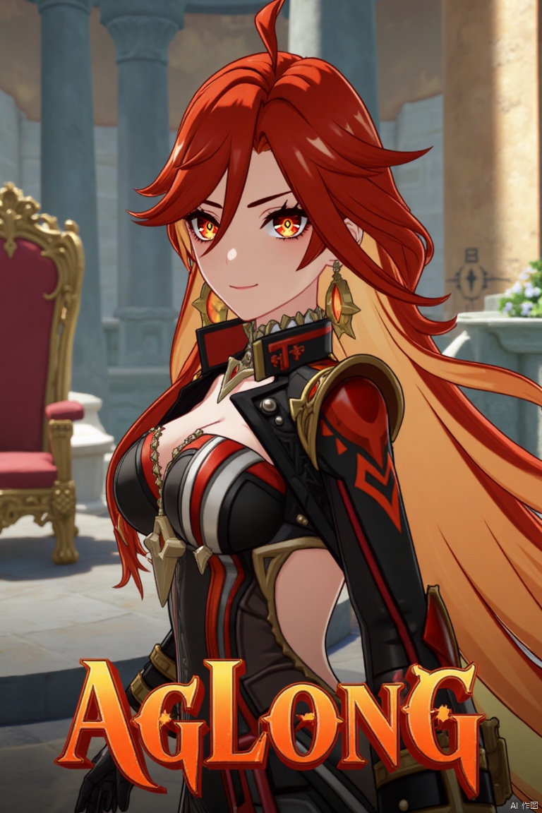 A solo girl with long, multicolored hair (red and orange) and red eyes, wearing jewelry and small earrings, stands in a dynamic pose. She has bangs and her hair falls between her eyes. She wears shoulder armor and pauldrons, and is looking directly at the viewer with a closed-mouth smile. The shot focuses on her upper body. She stands beside a pillar and a throne, with columns in the background. The scene is framed like a movie poster, with three-dimensional text AGlong in the middle below. Cinematic lighting creates high contrast and a dramatic atmosphere, with a detailed and sharp focus on the background elements.