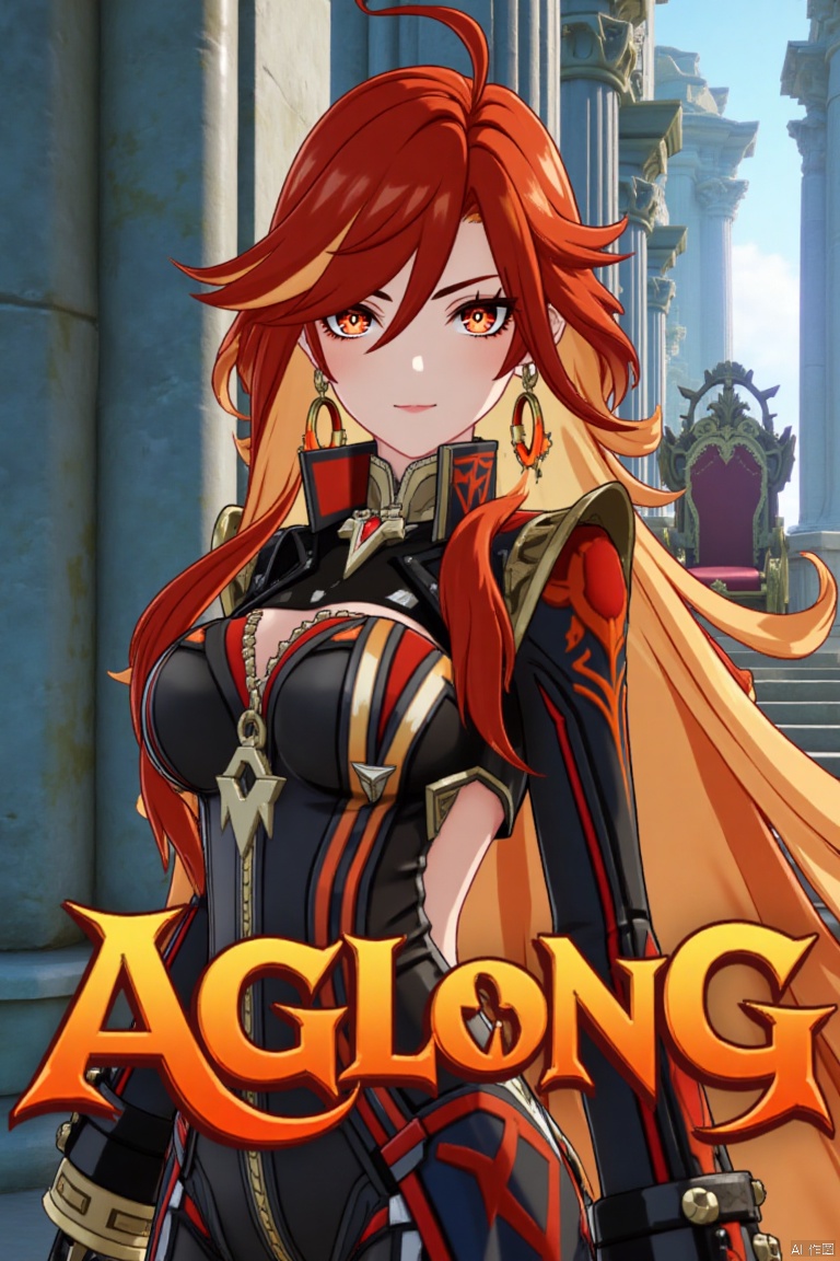 A solo girl with long, multicolored hair (red and orange) and red eyes, wearing jewelry and small earrings, stands in a dynamic pose. She has bangs and her hair falls between her eyes. She wears shoulder armor and pauldrons, and is looking directly at the viewer with a closed-mouth smile. The shot focuses on her upper body. She stands beside a pillar and a throne, with columns in the background. The scene is framed like a movie poster, with three-dimensional text AGlong in the middle below. Cinematic lighting creates high contrast and a dramatic atmosphere, with a detailed and sharp focus on the background elements.