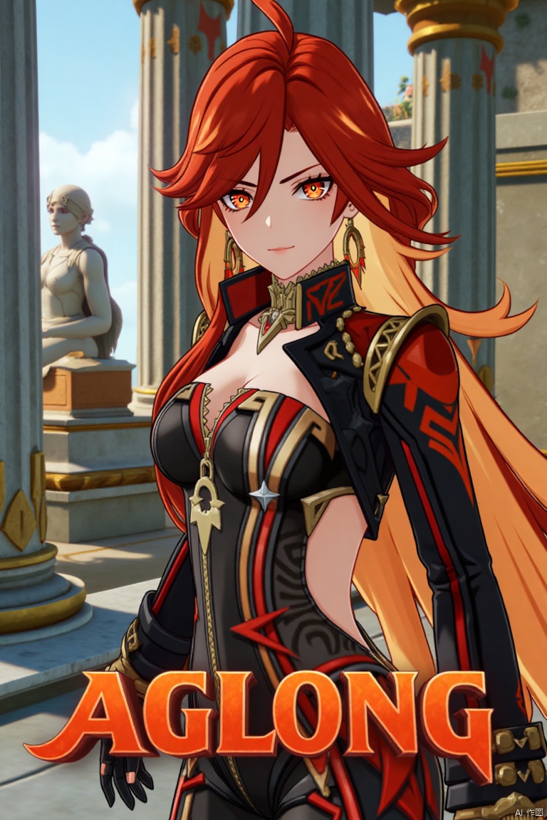 A solo girl with long, multicolored hair (red and orange) and red eyes, wearing jewelry and small earrings, stands in a dynamic pose. She has bangs and her hair falls between her eyes. She wears shoulder armor and pauldrons, and is looking directly at the viewer with a closed-mouth smile. The shot focuses on her upper body. She stands beside a pillar and a throne, with columns in the background. The scene is framed like a movie poster, with three-dimensional text AGlong in the middle below. Cinematic lighting creates high contrast and a dramatic atmosphere, with a detailed and sharp focus on the background elements.