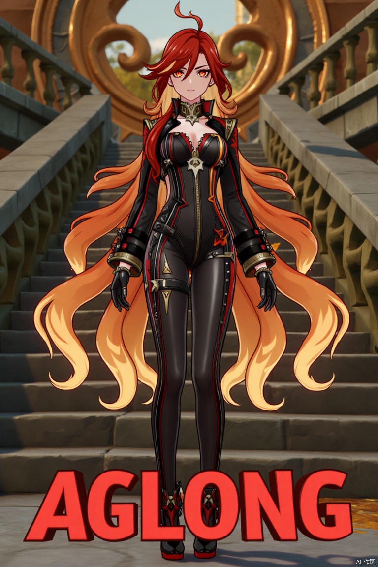 A solo shot of a girl with very long, multicolored hair (blonde, red, and orange), looking directly at the viewer. She has bangs, red eyes, and is standing with arms at her sides. Wearing a jacket, long sleeves, a bodysuit with cutouts, black gloves, high heels, and a spiked bracelet. Her medium breasts and cleavage are visible. The setting includes stairs and a detailed background matching the movie poster theme. Three-dimensional text AGlong is in the middle below. Cinematic lighting creates high contrast and a dramatic atmosphere, with sharp focus enhancing the dynamic composition.