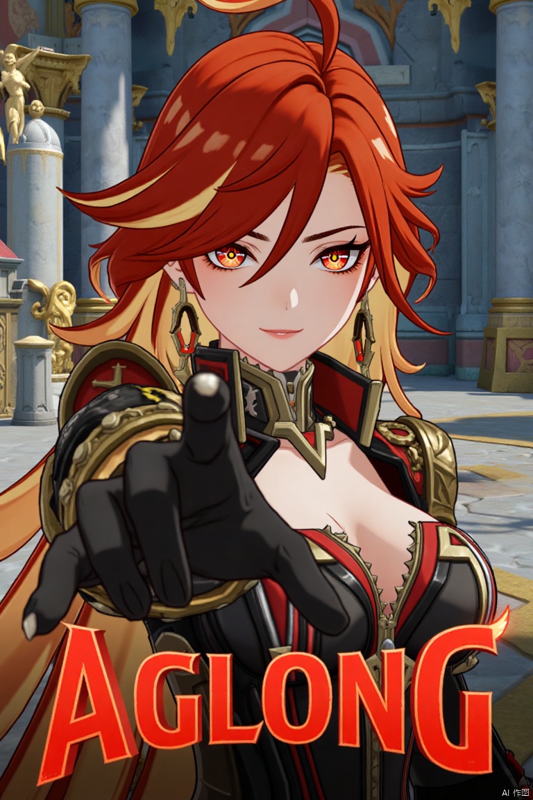 A solo shot of a girl with long, multicolored hair (red, orange, and blonde), looking at the viewer with a smile. She has bangs, red eyes, and hair between her eyes. Wearing small breasts visible, black gloves, earrings, jewelry, armor with shoulder pauldrons. Her upper body is in focus, reaching towards the viewer. The setting includes a pillar, throne, and column, with a detailed background matching the movie poster theme. Three-dimensional text AGlong is in the middle below. Cinematic lighting creates high contrast and a dramatic atmosphere, with sharp focus enhancing the dynamic composition.