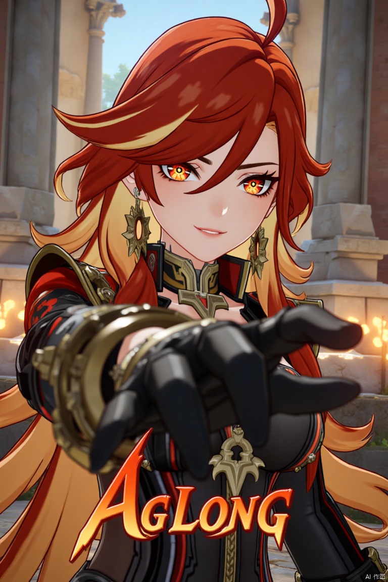 A solo shot of a girl with very long, multicolored hair (red, orange, and blonde), looking directly at the viewer with a smile. She has bangs, red eyes, and hair between her eyes. Wearing small breasts visible, black gloves, earrings, jewelry, armor with shoulder pauldrons. Her upper body is in focus, reaching towards the viewer. The setting includes a pillar, throne, and column, with a detailed background matching the movie poster theme. Three-dimensional text AGlong is in the middle below. Cinematic lighting creates high contrast and a dramatic atmosphere, with sharp focus enhancing the dynamic composition.