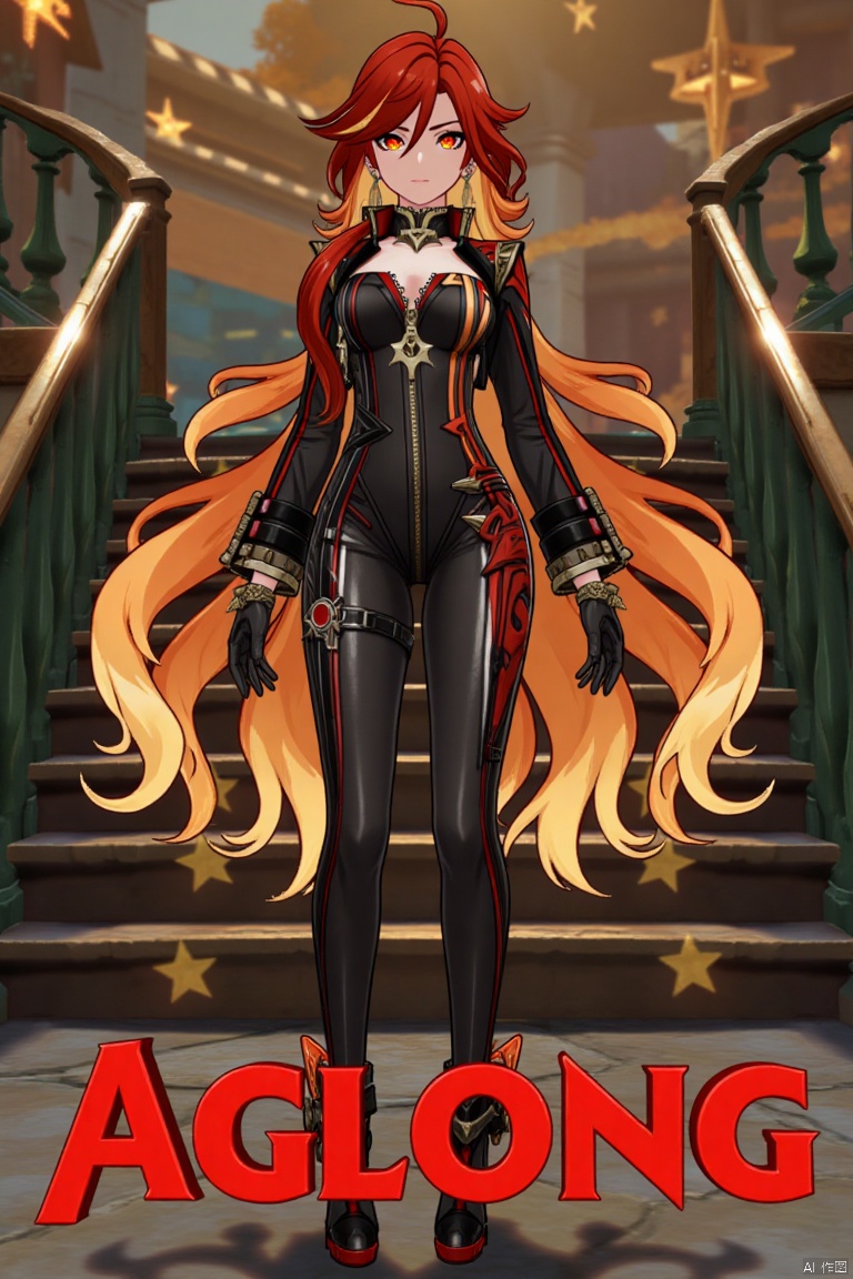A solo shot of a girl with very long, multicolored hair (blonde, red, and orange), looking directly at the viewer. She has bangs, red eyes, and is standing with arms at her sides. Wearing a jacket, long sleeves, a bodysuit with cutouts, black gloves, high heels, and a spiked bracelet. Her medium breasts and cleavage are visible. The setting includes stairs and a detailed background matching the movie poster theme. Three-dimensional text AGlong is in the middle below. Cinematic lighting creates high contrast and a dramatic atmosphere, with sharp focus enhancing the dynamic composition.