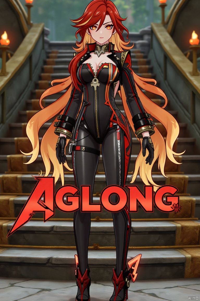 A solo shot of a girl with very long, multicolored hair (blonde, red, and orange), looking directly at the viewer. She has bangs, red eyes, and is standing with arms at her sides. Wearing a jacket, long sleeves, a bodysuit with cutouts, black gloves, high heels, and a spiked bracelet. Her medium breasts and cleavage are visible. The setting includes stairs and a detailed background matching the movie poster theme. Three-dimensional text AGlong is in the middle below. Cinematic lighting creates high contrast and a dramatic atmosphere, with sharp focus enhancing the dynamic composition.