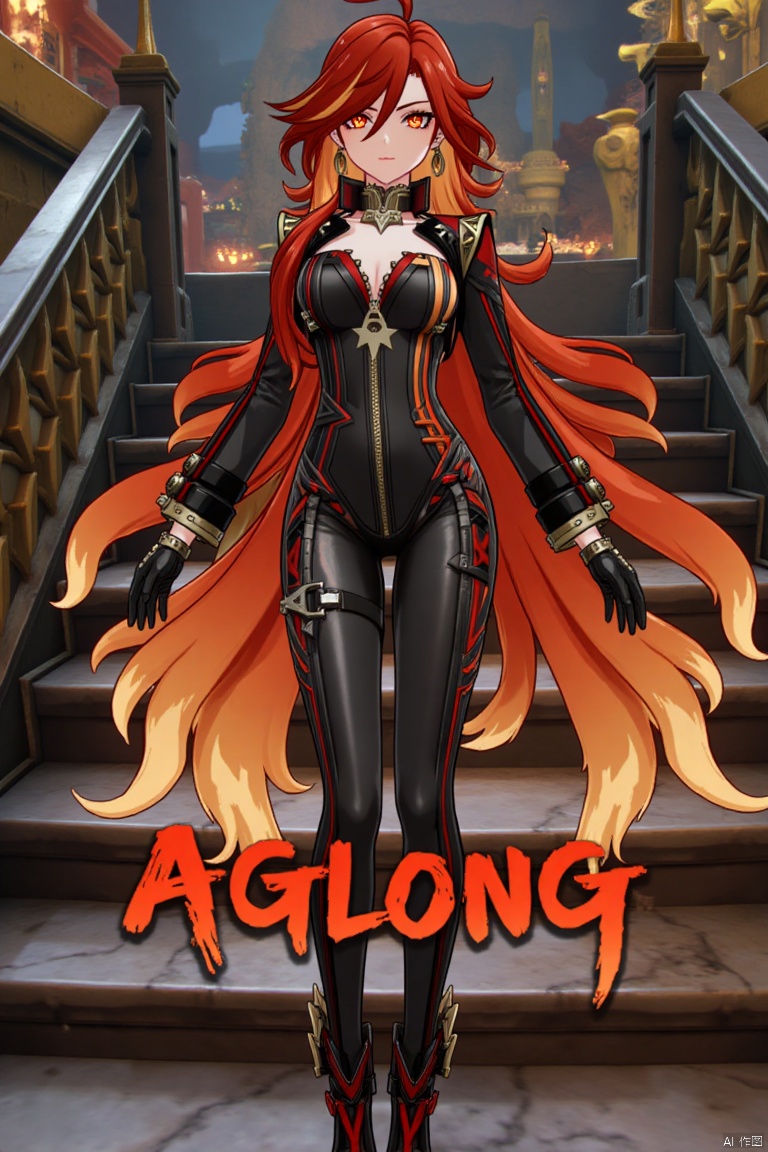 A solo shot of a girl with very long, multicolored hair (blonde, red, and orange), looking directly at the viewer. She has bangs, red eyes, and is standing with arms at her sides. Wearing a jacket, long sleeves, a bodysuit with cutouts, black gloves, high heels, and a spiked bracelet. Her medium breasts and cleavage are visible. The setting includes stairs and a detailed background matching the movie poster theme. Three-dimensional text AGlong is in the middle below. Cinematic lighting creates high contrast and a dramatic atmosphere, with sharp focus enhancing the dynamic composition.