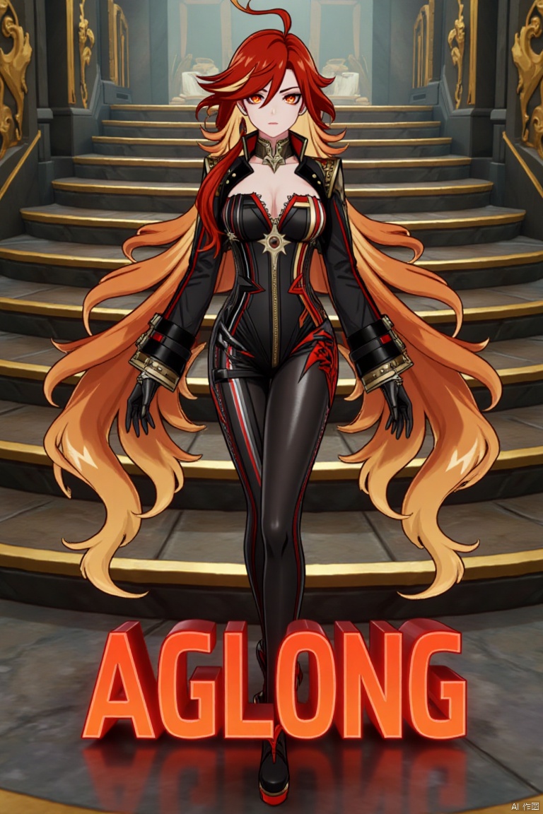 A solo shot of a girl with very long, multicolored hair (blonde, red, and orange), looking directly at the viewer. She has bangs, red eyes, and is standing with arms at her sides. Wearing a jacket, long sleeves, a bodysuit with cutouts, black gloves, high heels, and a spiked bracelet. Her medium breasts and cleavage are visible. The setting includes stairs and a detailed background matching the movie poster theme. Three-dimensional text AGlong is in the middle below. Cinematic lighting creates high contrast and a dramatic atmosphere, with sharp focus enhancing the dynamic composition.