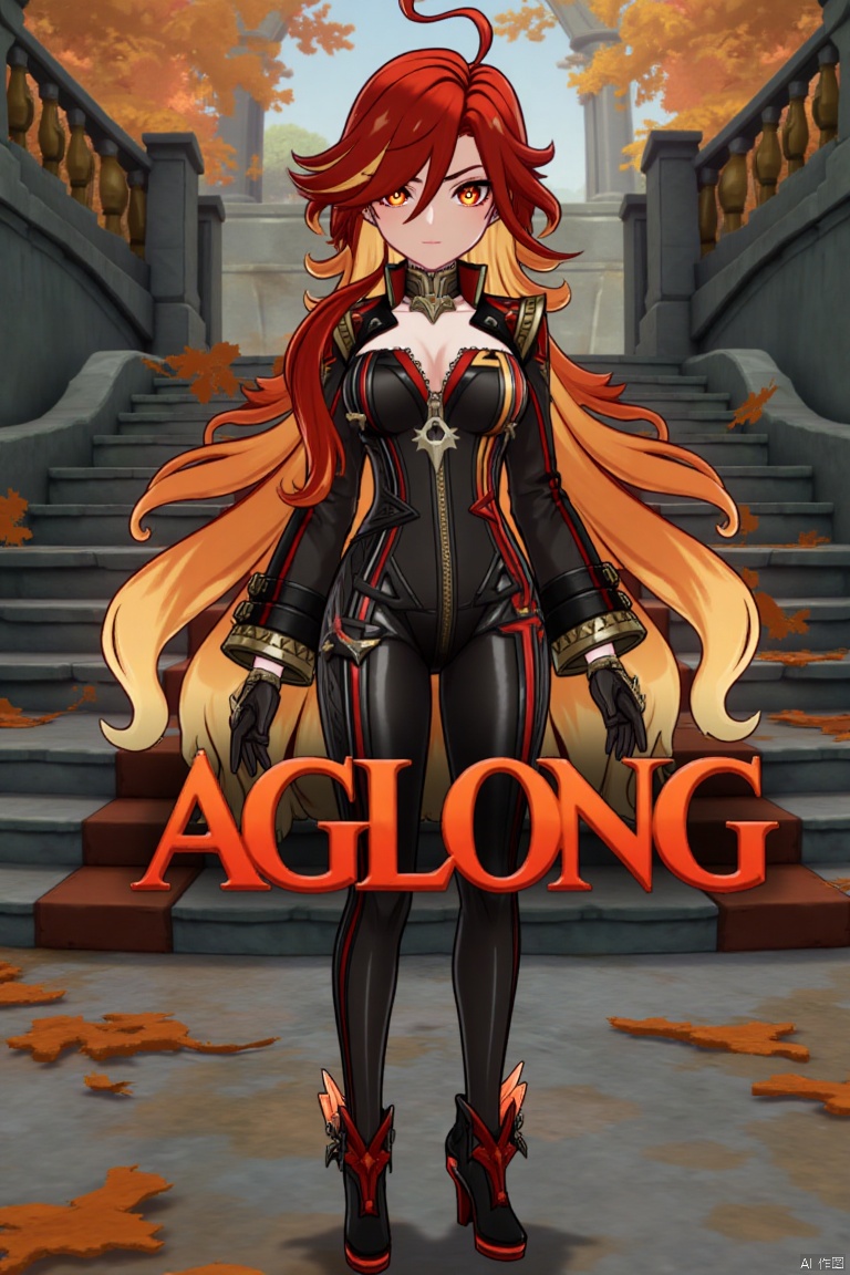 A solo shot of a girl with very long, multicolored hair (blonde, red, and orange), looking directly at the viewer. She has bangs, red eyes, and is standing with arms at her sides. Wearing a jacket, long sleeves, a bodysuit with cutouts, black gloves, high heels, and a spiked bracelet. Her medium breasts and cleavage are visible. The setting includes stairs and a detailed background matching the movie poster theme. Three-dimensional text AGlong is in the middle below. Cinematic lighting creates high contrast and a dramatic atmosphere, with sharp focus enhancing the dynamic composition.
