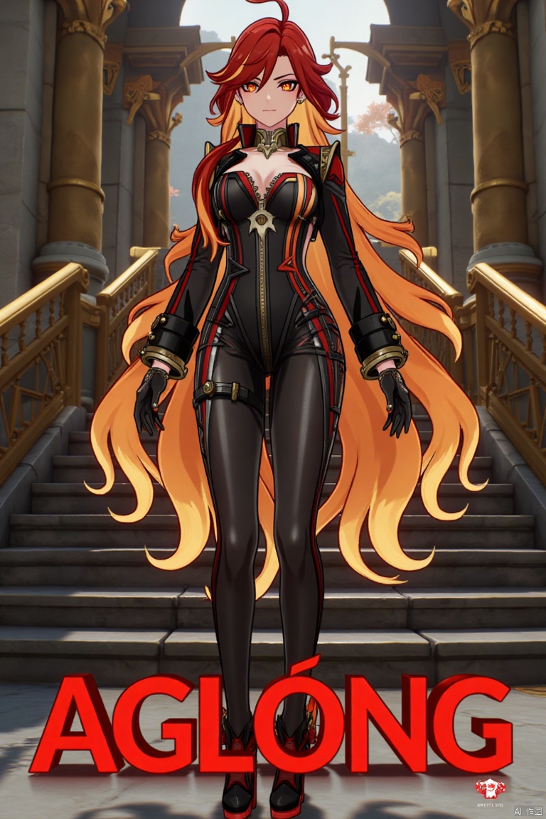 A solo shot of a girl with very long, multicolored hair (blonde, red, and orange), looking directly at the viewer. She has bangs, red eyes, and is standing with arms at her sides. Wearing a jacket, long sleeves, a bodysuit with cutouts, black gloves, high heels, and a spiked bracelet. Her medium breasts and cleavage are visible. The setting includes stairs and a detailed background matching the movie poster theme. Three-dimensional text AGlong is in the middle below. Cinematic lighting creates high contrast and a dramatic atmosphere, with sharp focus enhancing the dynamic composition.