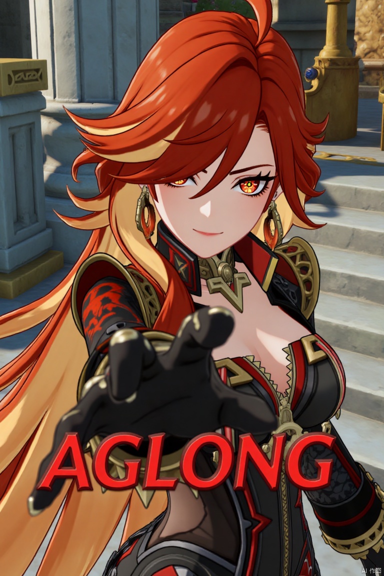 A solo shot of a girl with very long, multicolored hair (red, orange, and blonde), looking directly at the viewer with a smile. She has bangs, red eyes, and hair between her eyes. Wearing small breasts visible, black gloves, earrings, jewelry, armor with shoulder pauldrons. Her upper body is in focus, reaching towards the viewer. The setting includes a pillar, throne, and column, with a detailed background matching the movie poster theme. Three-dimensional text AGlong is in the middle below. Cinematic lighting creates high contrast and a dramatic atmosphere, with sharp focus enhancing the dynamic composition.