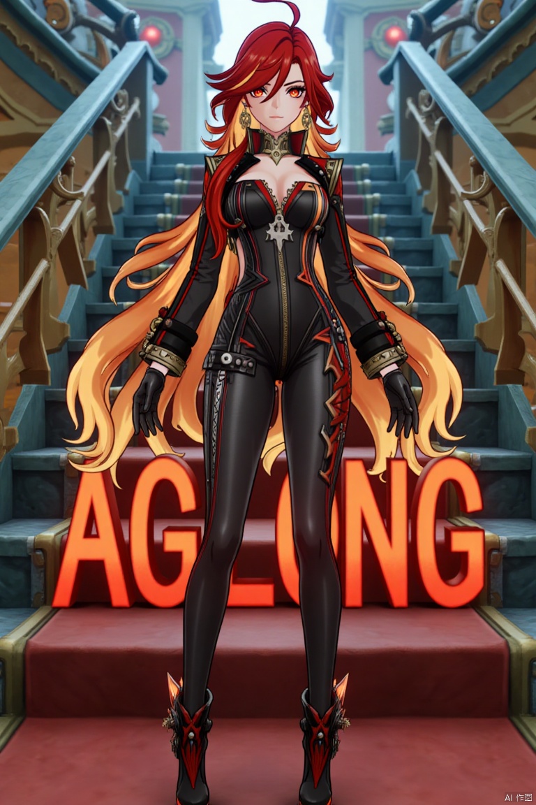 A solo shot of a girl with very long, multicolored hair (blonde, red, and orange), looking directly at the viewer. She has bangs, red eyes, and is standing with arms at her sides. Wearing a jacket, long sleeves, a bodysuit with cutouts, black gloves, high heels, and a spiked bracelet. Her medium breasts and cleavage are visible. The setting includes stairs and a detailed background matching the movie poster theme. Three-dimensional text AGlong is in the middle below. Cinematic lighting creates high contrast and a dramatic atmosphere, with sharp focus enhancing the dynamic composition.